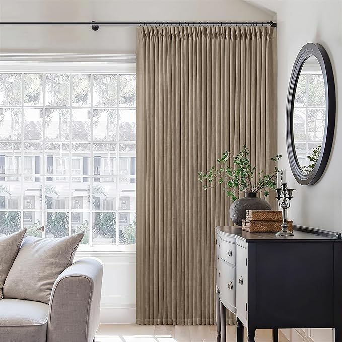 Light Brown 90 Inch Linen Curtains Pinch Pleated for Living Room Bedroom Dining Boho Light Filtering Pinch Pleat Drapes Hooks Rings Back Tab Semi Sheer Tan Latte Coffee Color Window Curtains 2 Panels