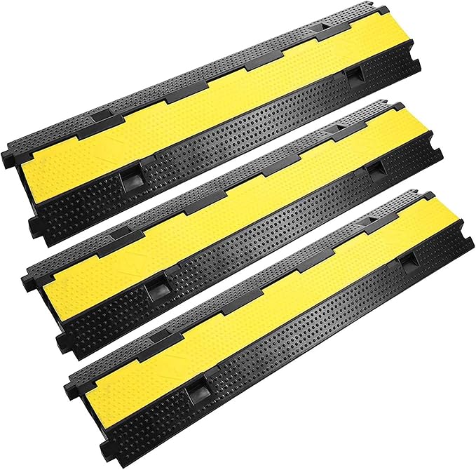 Reliancer 3 Pack Dual Channel Rubber Cable Protector Ramp 2 Channel Traffic Speed Bump 11000lbs Capacity Heavy Duty Driveway Hose Cover Ramp Cord Track Protector Wires Concealer w/Flip-Open Top Cover