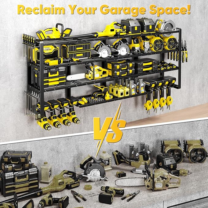 Extra Large 64" W Power Tool Organizer Wall Mount, Load 1000 lbs, Heavy Duty 4 Tier Garage Storage Rack with 8 Drill Holders, 2 in 1 Corner or Straight Installation, Christmas Gift for Men