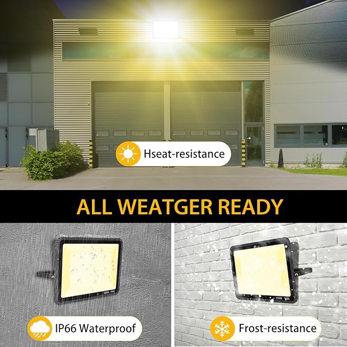 2 Pack 300W Warm White Led Flood Lights Outdoor,3000K Super Bright 43500LM Security Lights with Plug,Exterior IP66 Waterproof FloodLight for Basketball Court, Yard, Garden, Playground