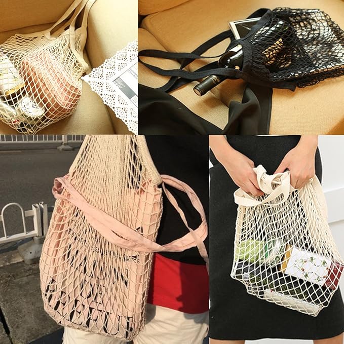 Portable Reusable Mesh Cotton Net String Bag Organizer Shopping Tote Handbag Fruit Storage Shopper New (Beige)