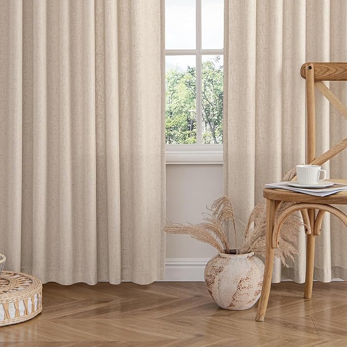 MIULEE Non-See-Through Privacy Linen Curtains 2 Panels, Light Filtering Window Curtains Farnhouse Textured Back Tab Semi Sheer Drapes for Bedroom Living Room, 52 x 72 Inches Long, Beige