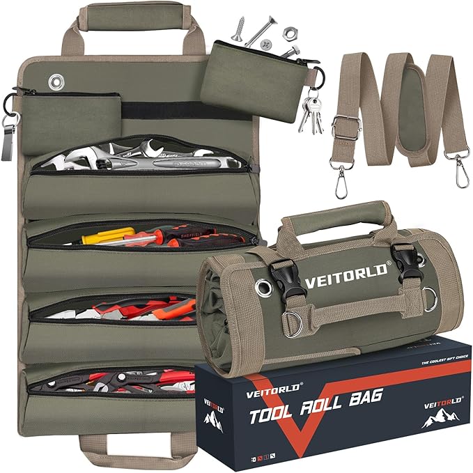 Tool Roll Up Bag, Gifts for Men Dad Husband Him Christmas, Mens Stocking Stuffers, Portable Tools Box Storage for Men, Heavy Duty Tool Organizer W/Detachable Pouches for Electrician Mechanic Carpenter