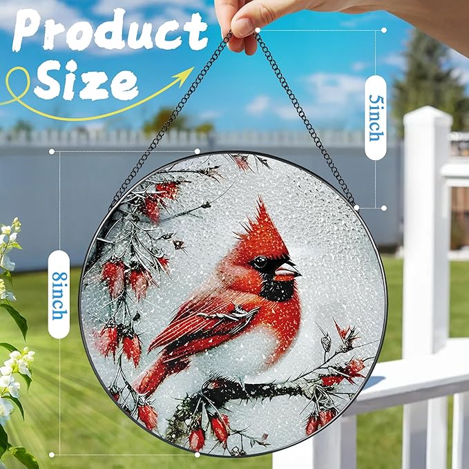 Stained Glass Window Hanging, DOUHASU 8 Inch Cardinal Stained Glass Suncatcher Ornement, Window Decor, Sympathy Gift, Cardinal Gifts for Women