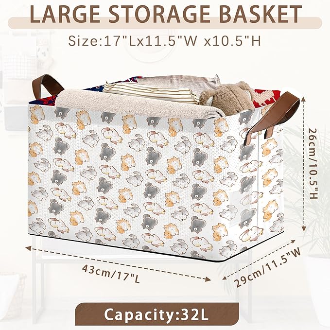 Cute Cat Storage Basket Large 17x11.5x10.5 Inche-Collapsible Fabric Organizer Bin with Handles for Kids Room, Nursery, Toys-Foldable Decorative Hamper with Adorable Cat Print-Single Pack