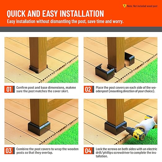 4"x4" (Actual: 3.5"x3.5") Deck Post Base Cover Split, Aluminum Post Base Trim Skirt Decorative Black 4Pack