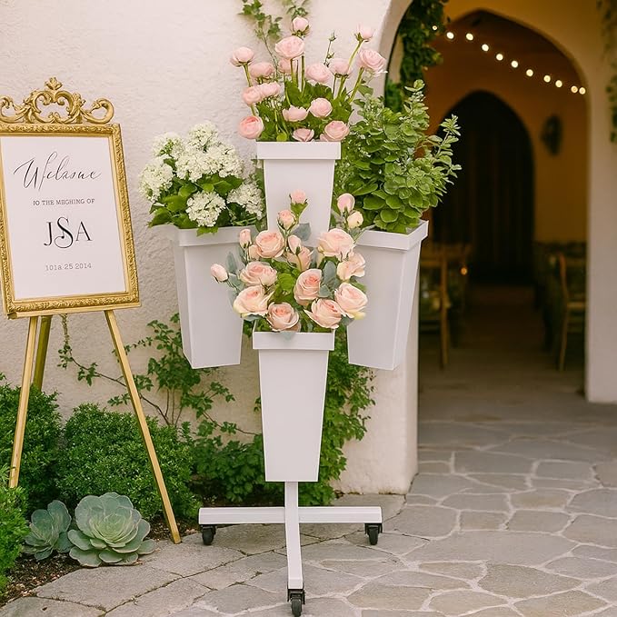 DYALE Flower Display Stand with Buckets - Flower Cart with Wheels for Bouquet Shop, Metal Flower Rack Display Stand for Wedding Garden, Party, Events (White, Square buckets)