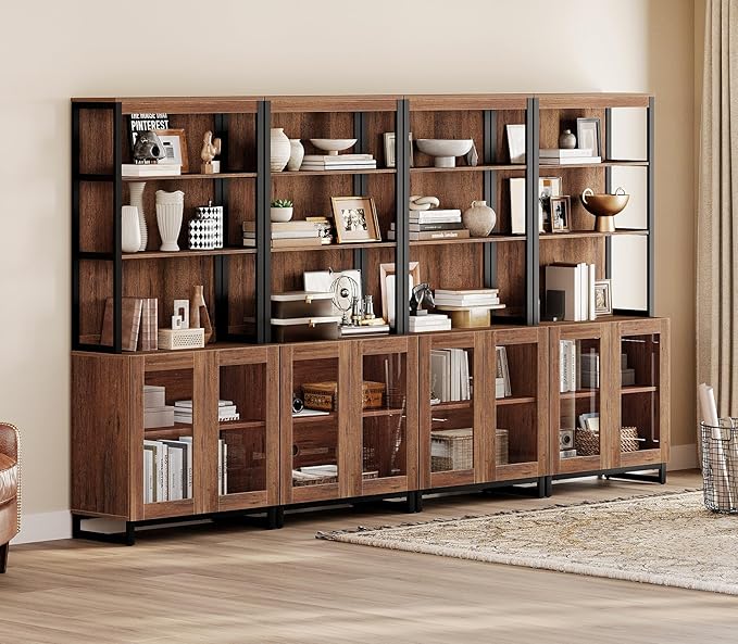 WAMPAT 4 PCS Modern 72" Tall Bookcases with Glass Doors and Adjustable Shelves, Library Book Shelf with Storage Cabinet and Open Book Shelfs, Wood Bookshelves for Home Office, Living Room, Brown