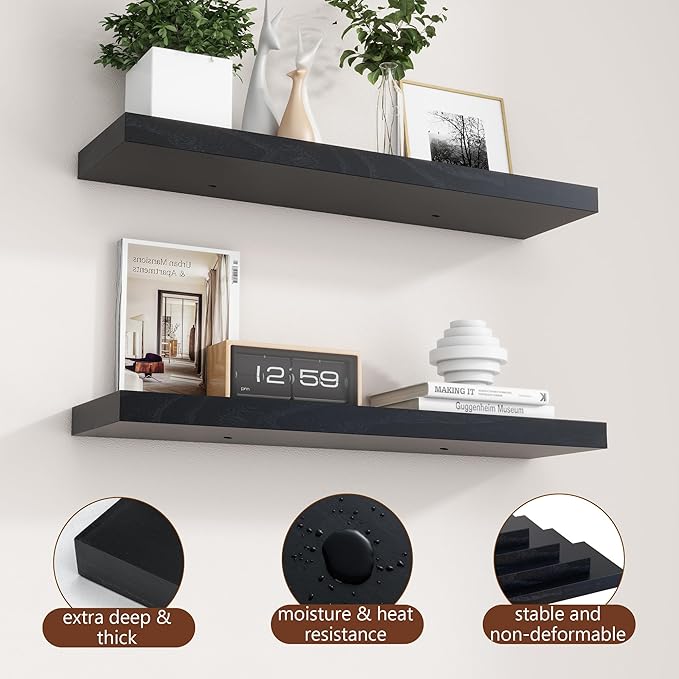 fuqing 30 Inch Floating Shelves for Wall, Black Wood Floating Shelves Set of 2, 30 Inch Wide x 6.7 Inch Deep Wooden Shelves for Living Room Bedroom Bathroom Home Office