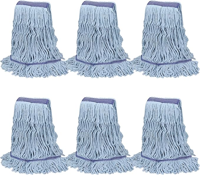 Commercial Heavy Duty Mop Heads Replacements: Wet Industrial Blue Cotton Looped End String Head Refill for General Floor Cleaning (6 Pack)