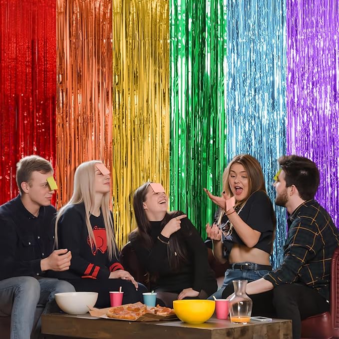 5 Pack Rainbow Party Backdrop Streamers Decorations Colorful Foil Fringe Curtains Metallic Tinsel Backdrop for Birthday First Day of School Engagement Baby Shower Christmas Holiday Party Decor