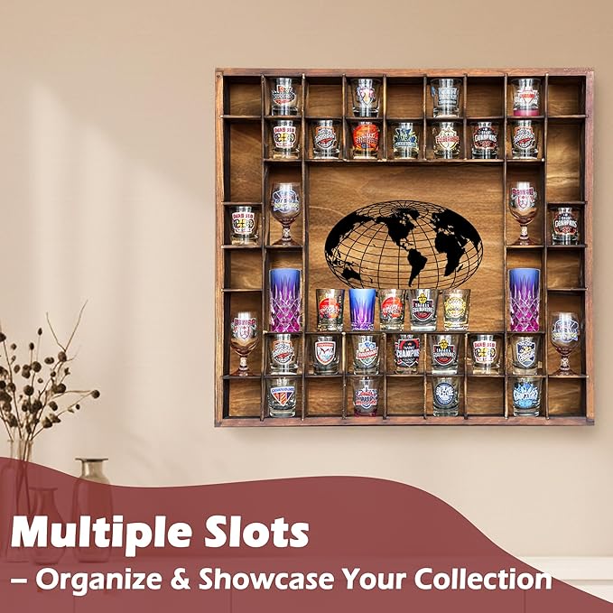 48 Shot Glass Display Case with Large World Map,28" x 27“ Solid Wood Shot Glass Holder,Wall Mounted Bar Cabinet for Wineglass Storage Decor (Brown)