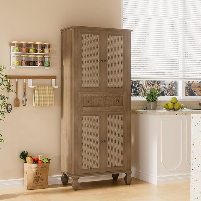72 inch Kitchen Pantry Storage Cabinet, Freestanding Pantry Cabinet, Tall Cabinets with Doors and Shelves,Freestanding Cupboard with Adjustable Shelves for Dining Room，Natural