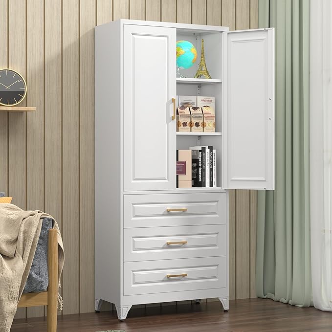 Kitchen Pantry Cabinet, 75" Tall Pantry Cabinet with Three Drawers, Metal Storage Cabinets with Doors and Shelves, Freestanding Food Cupboard for Dining, Living Room, White, Assembly Required