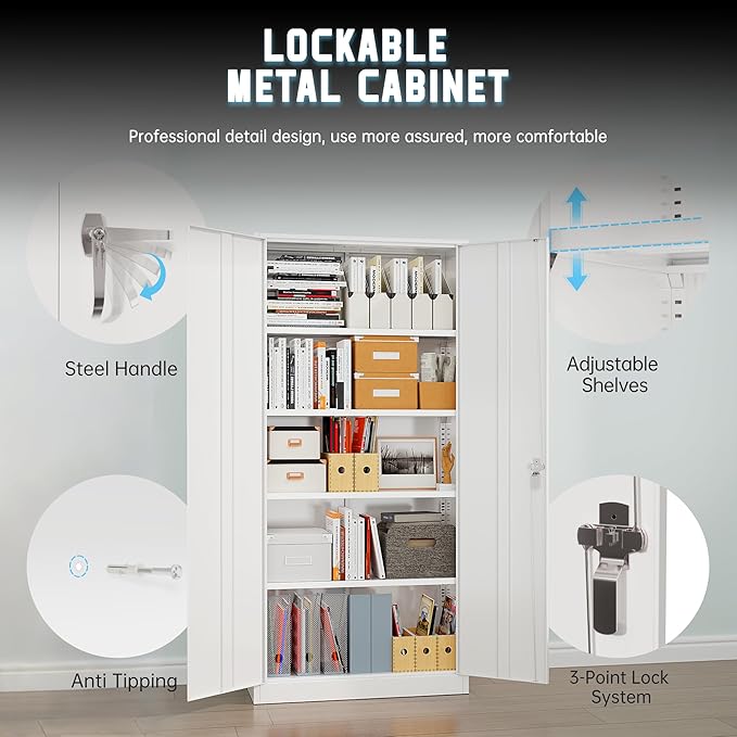 Superday Metal Storage Cabinet with Lock, 72" H Garage Storage Cabinet with Doors and 4 Adjustable Shelves, White Steel Locking Cabinets for Office, Home, Garage, Gym, School