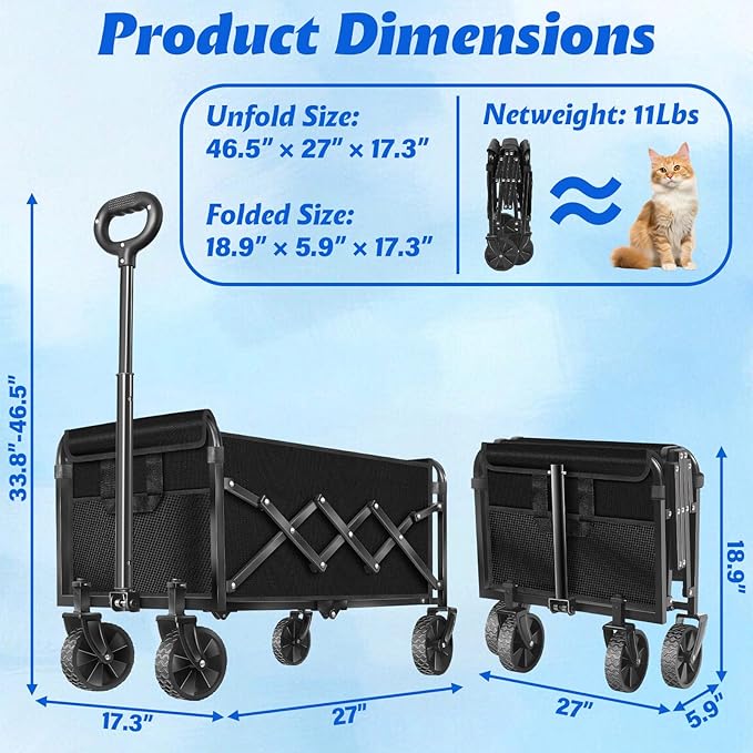 Collapsible Wagons Carts Foldable, 360lbs Portable Folding Wagon Cart with Wheels, Foldable Wagon Cart Utility for Camping, Beach, Grocery, Shopping, Sports, Garden(Deep Black)