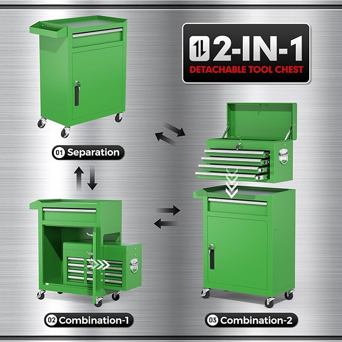 INTERGREAT Tool Chest Cabinet, 5-Drawer Rolling Tool Chest with Detachable Top Tool Box, Tool Chests with Universal Lockable Wheels, Metal Tool Cart for Garage, Workshop, Barbershop(Green)