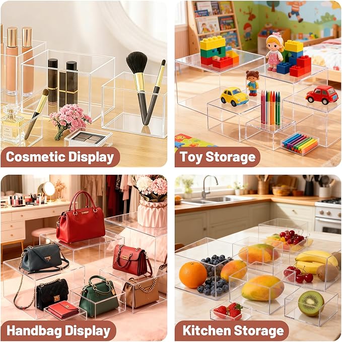 6Pcs Buffet Risers with Mini Sign and Maker, Clear Food Display Risers for Party, Acrylic Risers Display Stand for Buffet Table, Catering Displays for Dessert, Acrylic Boxes with Hollow Bottoms(8",7",6",5",4",3")