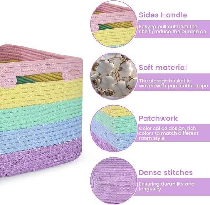 3 Pack Shelf Woven Storage Basket, 15 x 10 x 9” Closet Rope Baskets For Organizing, Square Bins with Handles, Rainbow