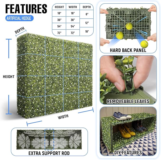 E&K 18" Wx54 Hx6 D Artificial Boxwood Hedge Wall with White Flowers, Artificial Outdoor Privacy Wall for Balcony Backyard Office, Indoor Divider Freestanding Greenery Backdrop