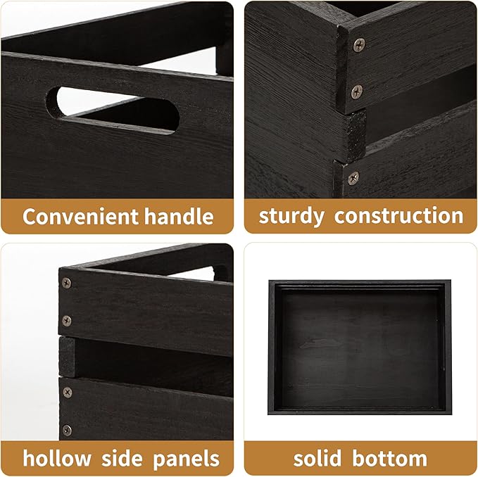 Rustic Vintage Brown Wooden Storage Crates Set, 2 Pack , 16.5 X 12 X 8.3''wood crate box，Handmade Farmhouse Decorative Crate with Handles for Books, Clothes Storage & Display