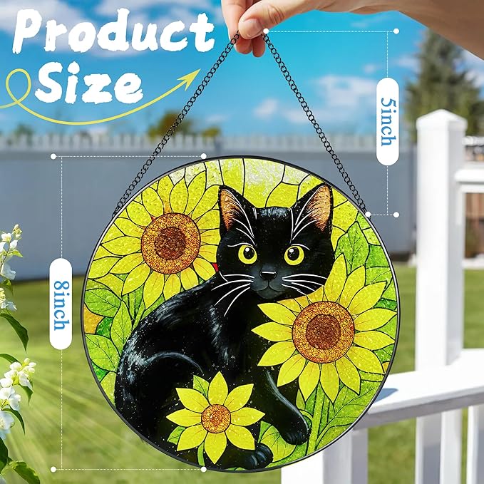 Stained Glass Window Hanging, 8 Inch Black Cat Sun Catcher, Suncatchers for Windows, Sunlight Catcher Glass, Window Hanging Decor, Gifts for Cats Lovers, Mom Gift, Black Cat Decor Gifts