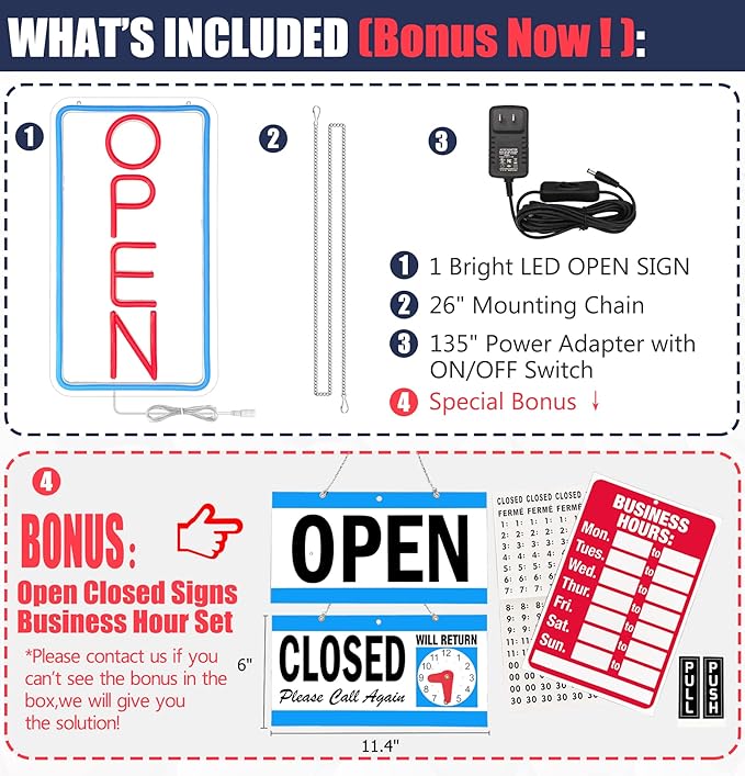 Open Signs for Business,Neon Open Sign Led,16.5"x 9",with Open/Closed Bussiness Hour Sign Set,Light for Bar Coffee Salon Store Window,12V/2A Adapter with ON/OFF Switch (Blue/Red Vertical)