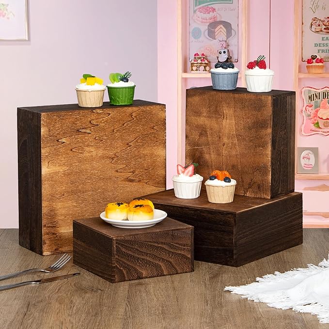 4 pieces wooden cake stands,antique brown cupcake stands for display,12 inches square wooden crates ,wood display risers for wedding,birthday party,Christmas,etc. (Antique Brown)