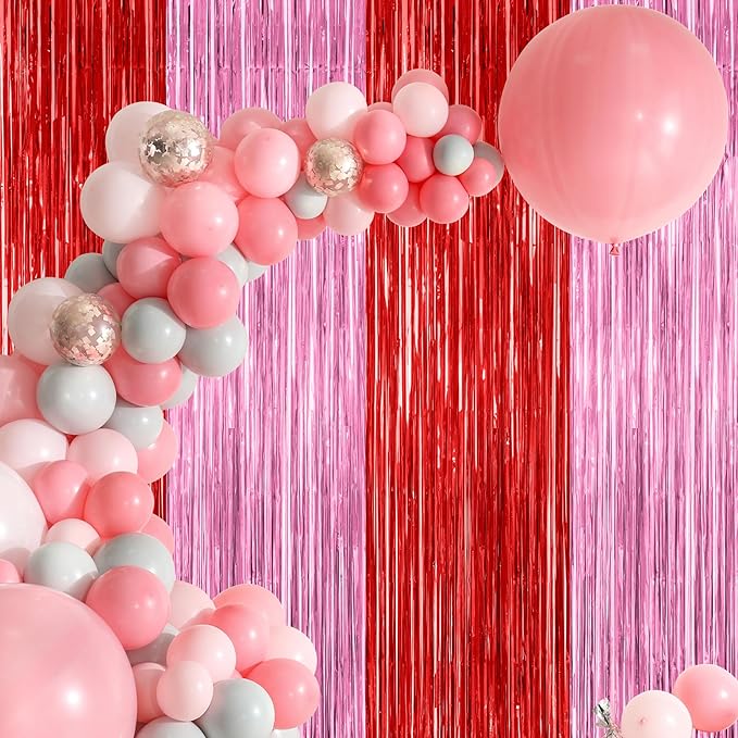 2 Pack Backdrop Curtains, 3.28 Feet x 7.05 Feet Red Pink Backdrop, Metallic Fringe Curtains Tinsel Backdrop Party Streamer, Babie Backdrop Valentines Day Happy Birthday Party Supplies Decorations
