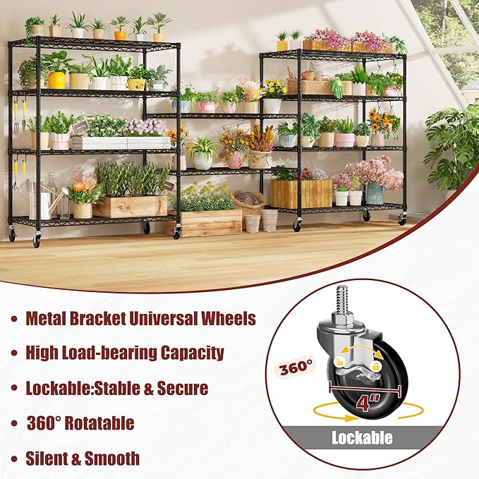 PrimeZone 3 Packs 48" W x 24" D x 81" H Heavy Duty Wire Storage Shelves with Wheels, 5 Tier Adjustable NSF Certified Garage Shelving Unit, Rolling Metal Organizer Shelf Rack for Warehouse, Pantry