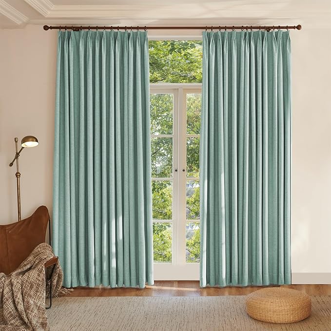 Textured Linen Double Pleats 100% Blackout Curtains for Bedroom/Living Room Blackout Curtains 108 Inches Long, Energy Saving Window Treatment Curtains,100Wx108Lx2,Green