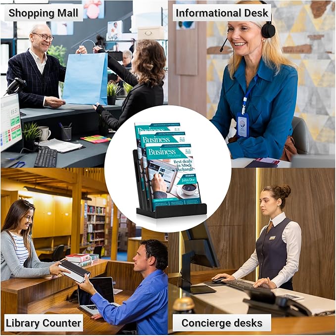 Black 8.5×11 Inch Magazine Display Stand 4-Tier For 6×9 inch Brochure Pamphlet Flyer Menu Holder Countertop Display Stand Literature Organizer For Office Home