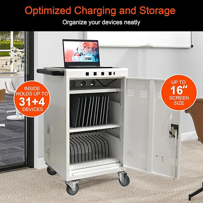 Laptop Charging Cart,35 Devices Tablet Storage Carts for pad Up to 16.3" Screen Size, Classroom Computer Mobile Charging Station for Pads, Chromebooks,Laptops, Security Storage(31+4 Bay-White)