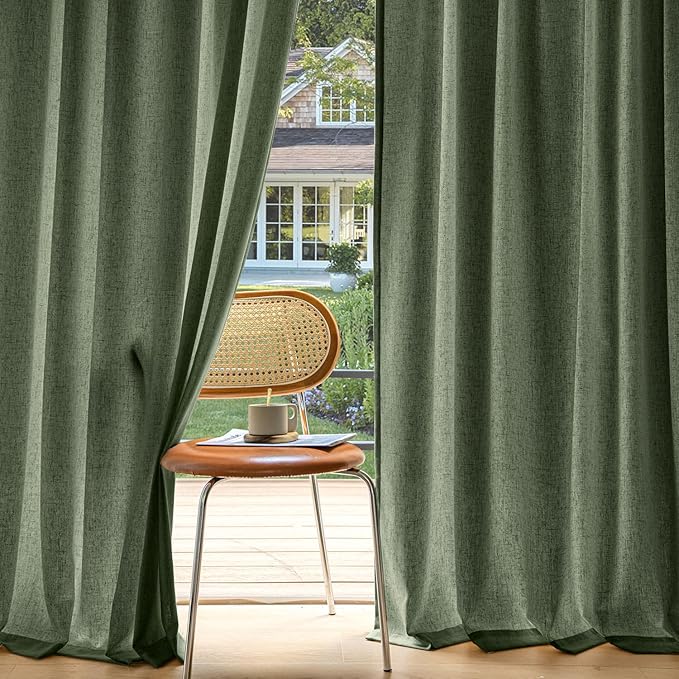 MIULEE Non-See-Through Privacy Linen Curtains 2 Panels, Light Filtering Window Curtains Farnhouse Textured Back Tab Semi Sheer Drapes for Bedroom Living Room, 52 x 108 Inches Long, Olive Green