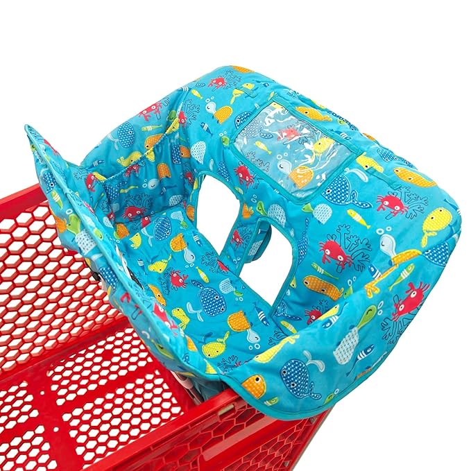 2-in-1 Shopping Cart and High Chair Cover for Baby, Padded Cover, Fold'n Roll Style, Portable with Carry Bag (Blue Seaworld)