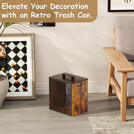 Office Garbage Can With Lid - Iron and Wood Combination Bedroom Garbage Can, Retro Industrial Style Trash Can with Handle, Rectangular Design Wastebasket for Home Office, 4.5 Gallon (Patent Pending)