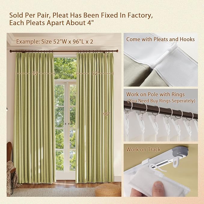 Textured Linen Pencil Pleated 100% Blackout Curtains for Bedroom/Living Room Blackout Curtains 120 Inches Long, Energy Saving Window Treatment Curtains,100Wx120Lx2,Lemon