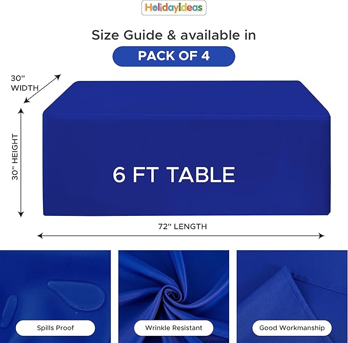 HolidayIdeas Fitted Tablecloths for 6 Foot Rectangle Table, Wrinkle Resistant Washable Table Cover 30x72 Inch for Vendor Booth Display, Banquet, Trade Show, Royal Blue, 4 Pcs