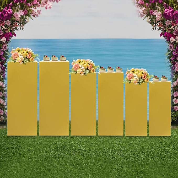 6pcs Metal Square Pedestal Stand, 23.6"/25.6"/31.5" Gold Display Plinth Pillars for Party, Decorative Cube Sculpture Column, Tall Pedestal Cake Stands for Wedding Ceremony
