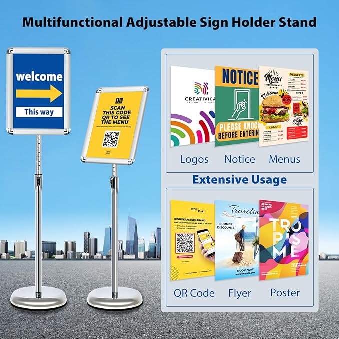 8.5x11 Adjustable Sign Holder Stand, Pedestal Poster Menu Stand, Heavy Duty Floor Standing Sign Stand Aluminum Display Stand for Vertical and Horizontal View Sign Holder, Black