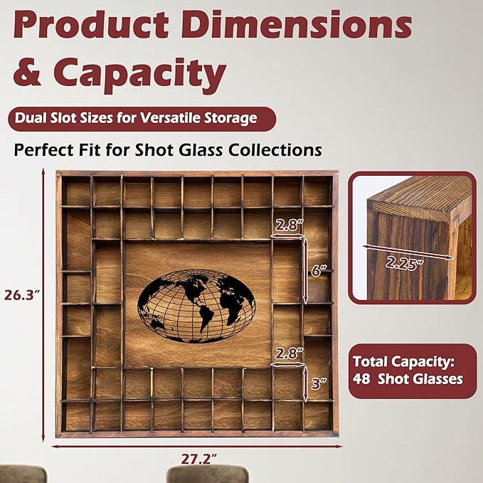48 Shot Glass Display Case with Large World Map,28" x 27“ Solid Wood Shot Glass Holder,Wall Mounted Bar Cabinet for Wineglass Storage Decor (Brown)