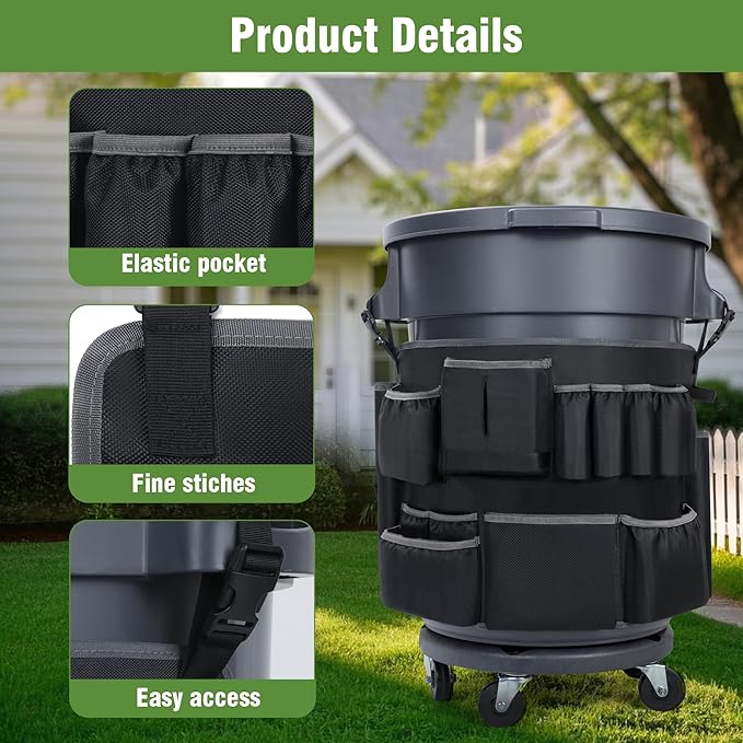 4PCS Trash Can Caddy Bags Fit 32-55 Gallon Garbage Bin, Garbage Bin Caddy Bag with 13 Pockets Compatible with Brute & Uline, Commercial Cleaning Supplies Organizer Bag & Janitorial Duties(4PCS)