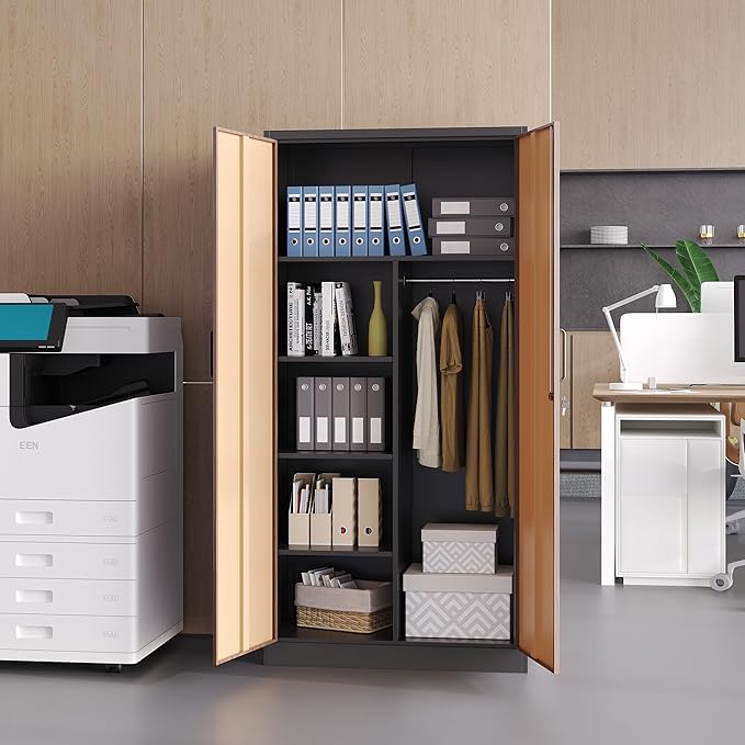Broom Closet Storage Cabinet with Lock, Metal Garage Storage Cabinet with Doors and Shelves, Steel Wardrobe Cabinet with Hanging Rod, Utility Cabinets Closet for Kitchen, Office, Shop, Warehouse