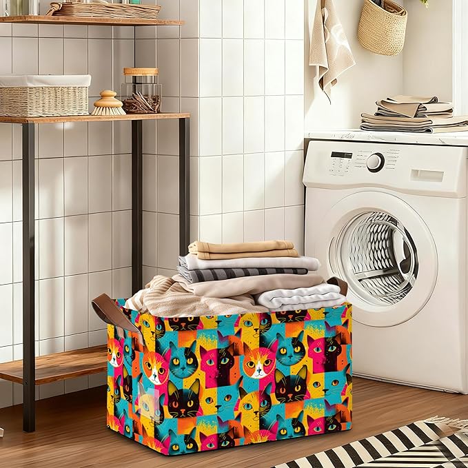 32L Large Storage Bins with Handles, Cute Animal Basket Organizer for Shelves, Closet, Books, Laundry & Home Decor (Abstract Cat)