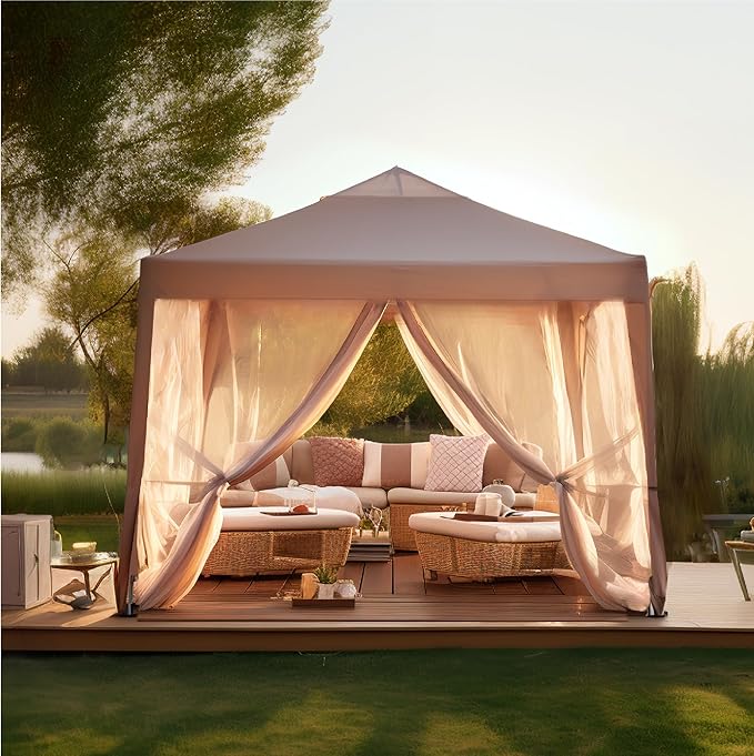 PHI VILLA 10 x 10 Pop Up Canopy Tent with Netting, Instant Gazebo, Ez up Screen House Room with Carry Bag, Height Adjustable, for Outdoor, Garden, Patio,Brown