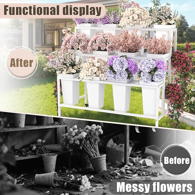 Flower Display Stand with 12 Buckets & Wheels – 3-Tier Mobile Flower Cart, White Metal Flower Bar for Weddings, Florist Shops, Patio, Garden & Home