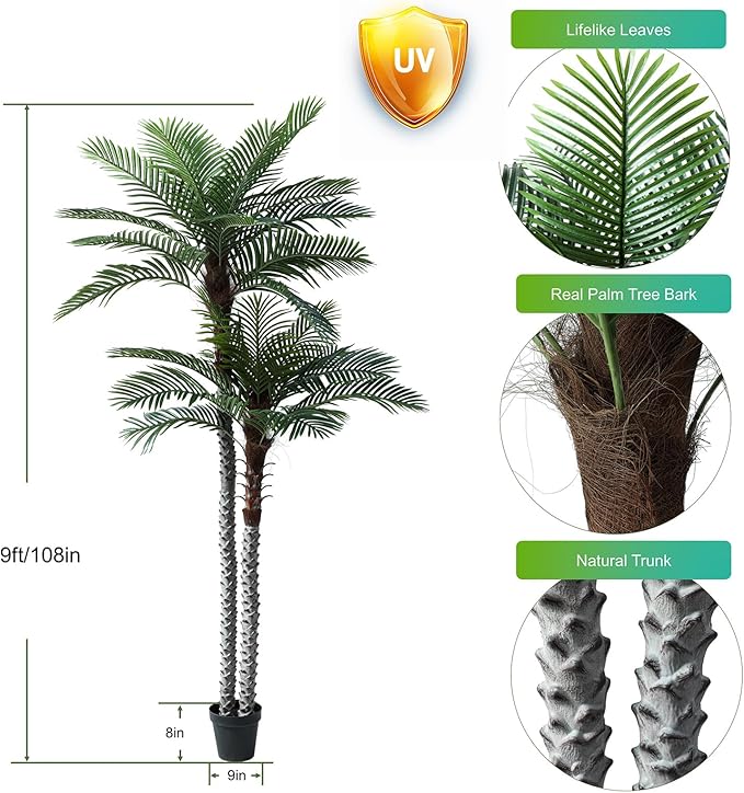 9ft Tall UV Resistant Faux Palm Tree, 108in Artificial Palm Tree Indoor Outdoor, Fake Tree with Real Bark and Realistic Leaves and for Home House Office Living Room Bedroom Yard Patio.