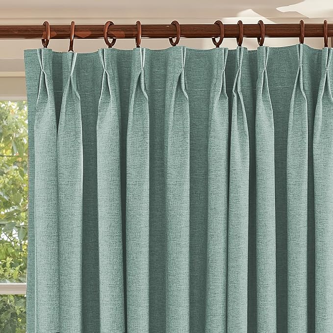 Textured Linen Pinch Pleated 100% Blackout Curtains for Bedroom/Living Room Blackout Curtains 102 Inches Long, Energy Saving Window Treatment Curtains,42Wx102Lx2,Green