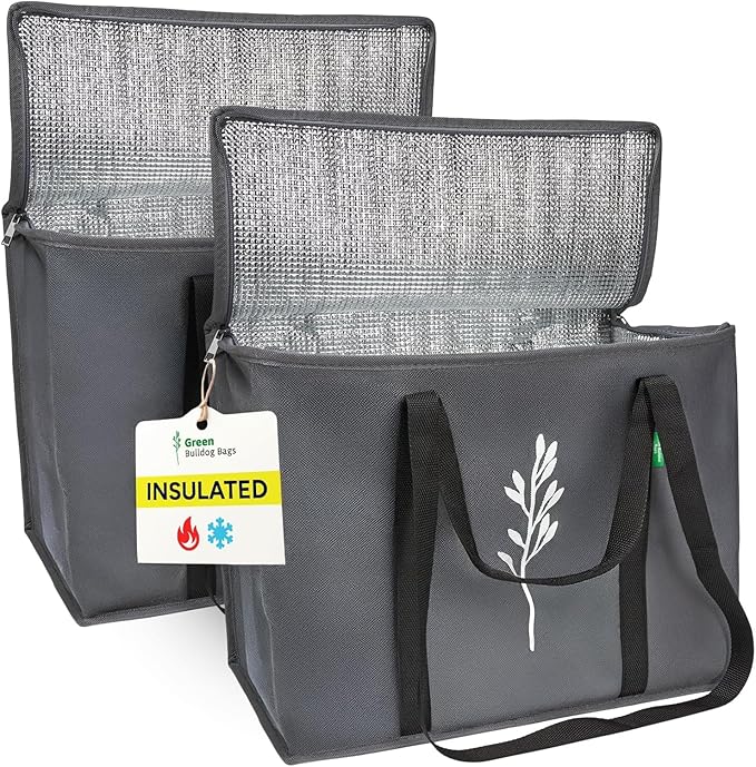 Green Bulldog 2Pack Insulated Grocery Bags – Foldable Reusable Cooler Bags with Handles for Everyday Use, Groceries, Food Delivery, and Shopping – 16”x9”x13”, Gray