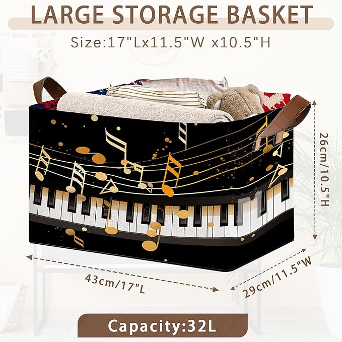 Piano Keyboard Pattern Storage Basket Large 17x11.5x10.5 Inche-Collapsible Fabric Organizer Bin with Handles for Music Room, Nursery, Toys-Foldable Decorative Hamper with Black White Keys-Single Pack